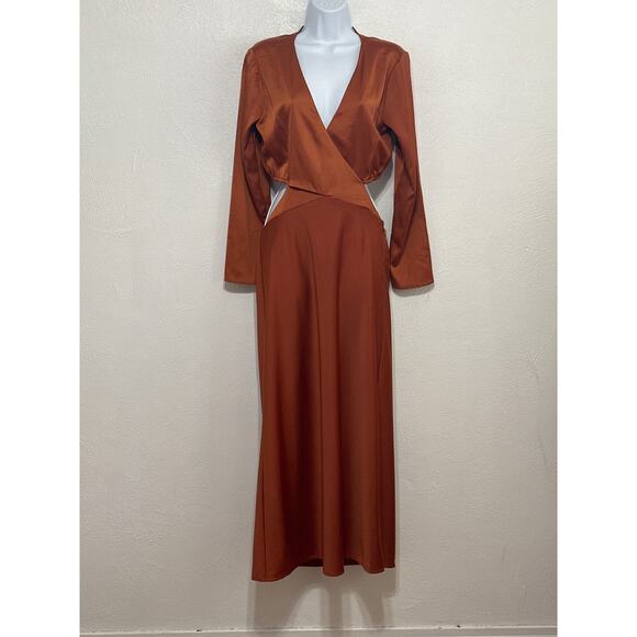 WAYF Blousen Midi Dress Open Back L Copper Brown Fall Trend Sophisticated Sexy - Picture 1 of 14